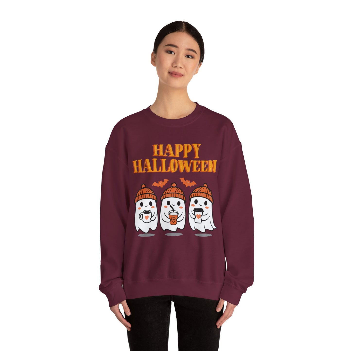Happy Halloween Ghosts Crewneck Sweatshirt, Cozy Fall Apparel, Unisex Halloween Sweatshirt, Spooky Season Gift, Cute Pumpkin Design