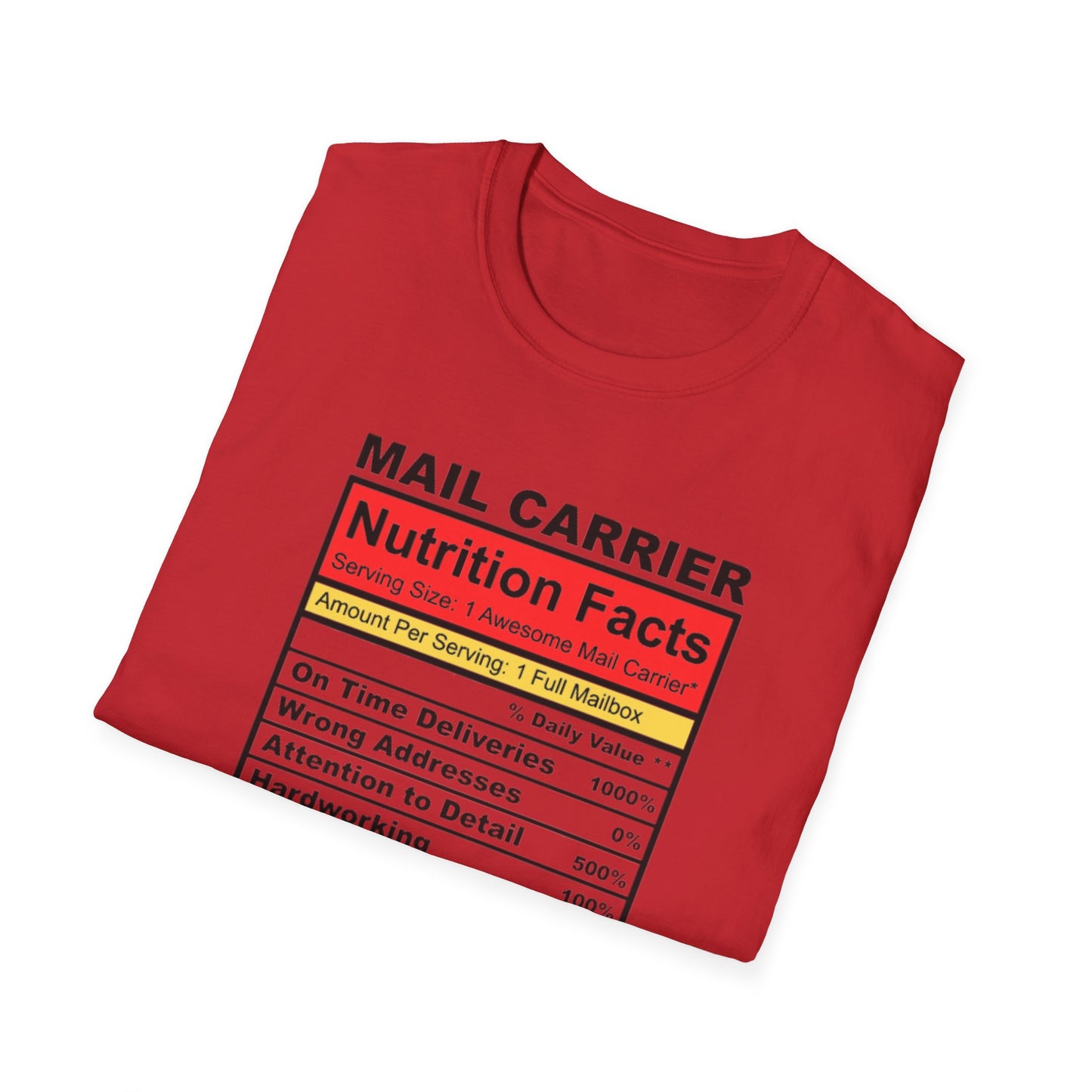 Mail Carrier Nutrition Facts Unisex Softstyle T-Shirt, Funny Gift for Postal Workers, Delivery Staff Tee, Unique Graphic Tee, Casual Wear