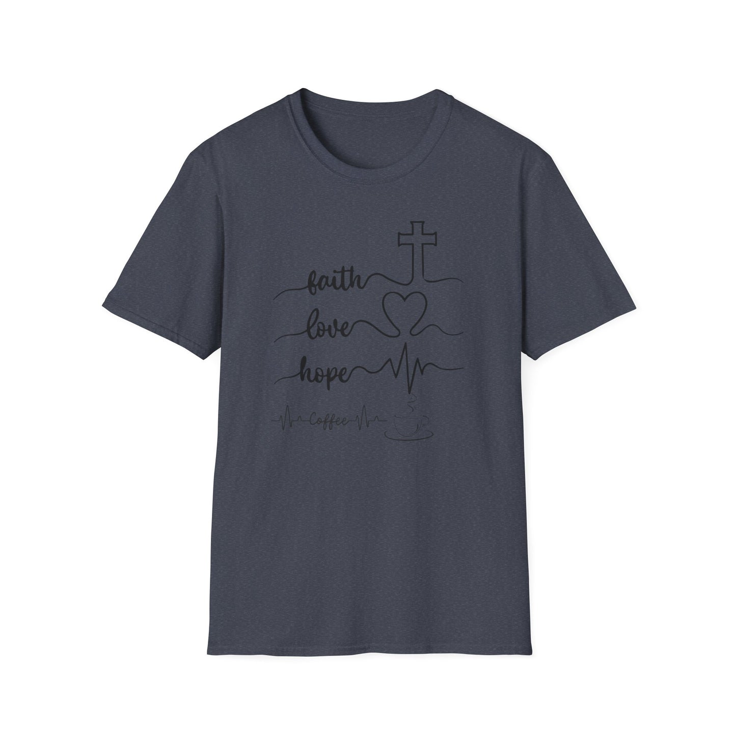 Faith Love Hope Unisex Softstyle T-Shirt, Christian Gifts, Inspirational Tee, Casual Wear, Perfect for Church, Coffee Lovers