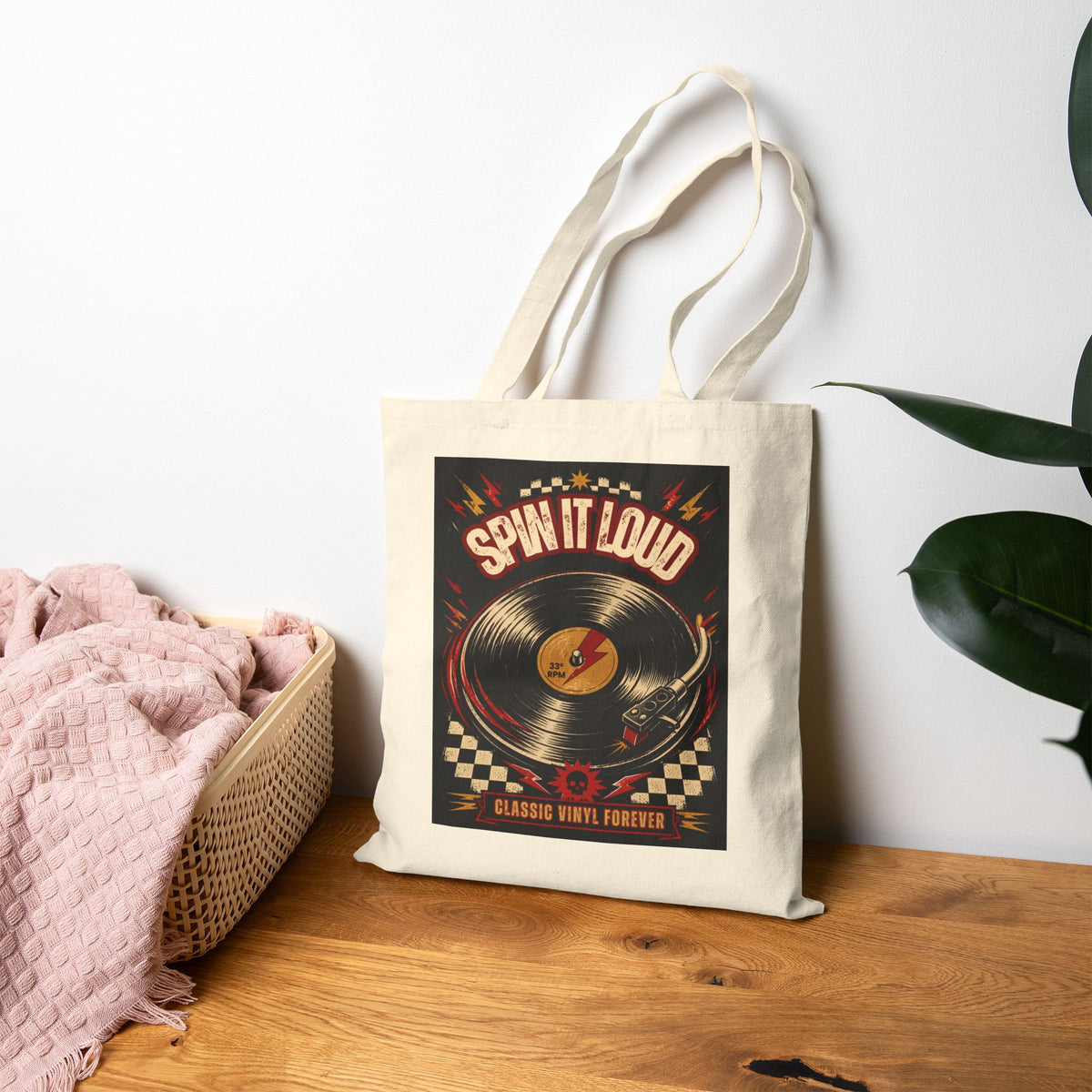 Spin It Loud vinyl record tote bag | Retro music poster design