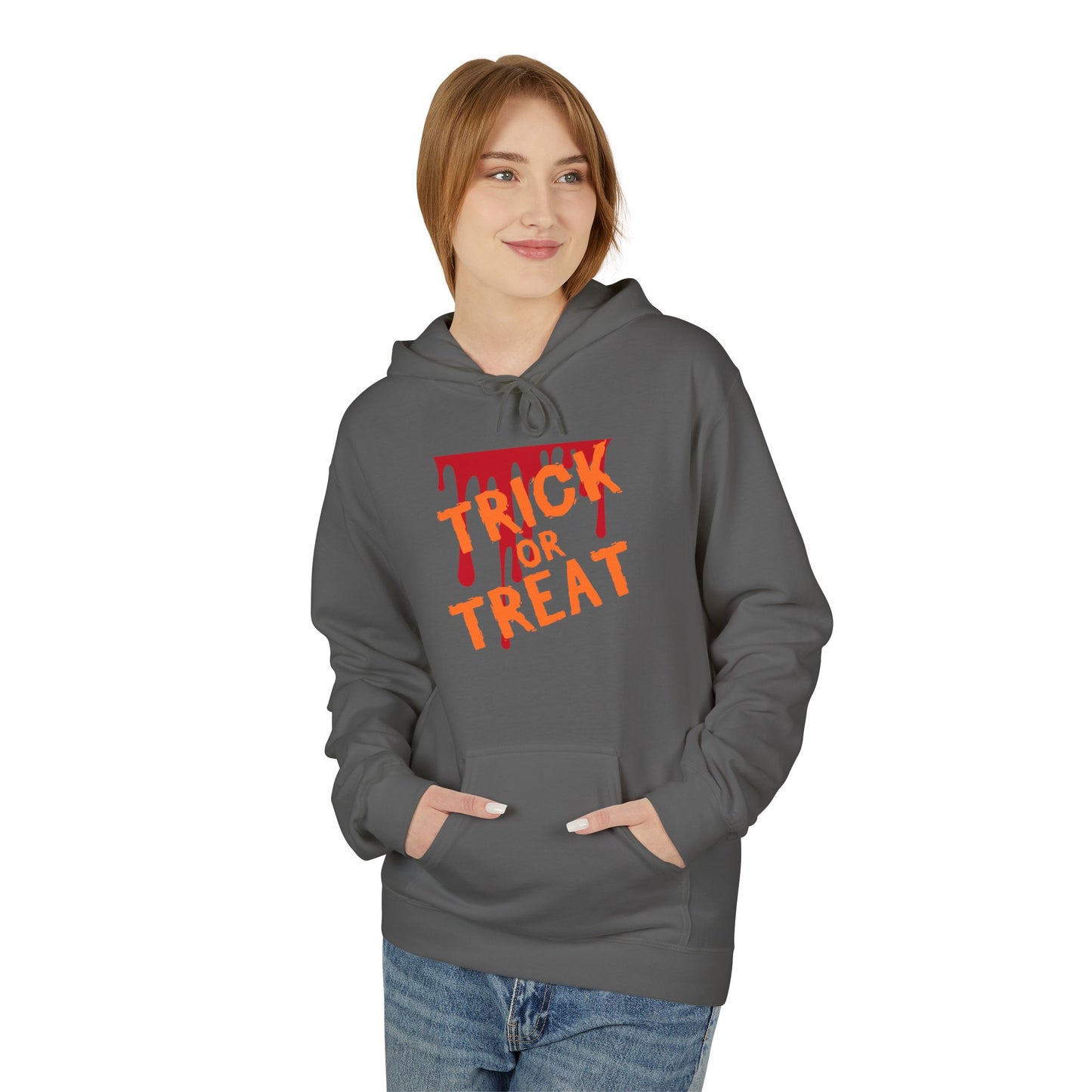 Trick or Treat Fleece Hoodie, Halloween Hoodie, Unisex Pullover, Cozy Fall Layer, Spooky Sweatshirt, Festival Apparel