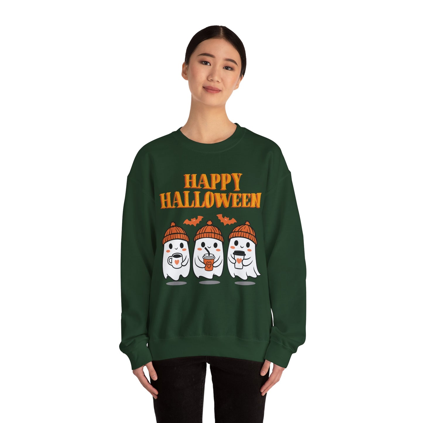 Happy Halloween Ghosts Crewneck Sweatshirt, Cozy Fall Apparel, Unisex Halloween Sweatshirt, Spooky Season Gift, Cute Pumpkin Design