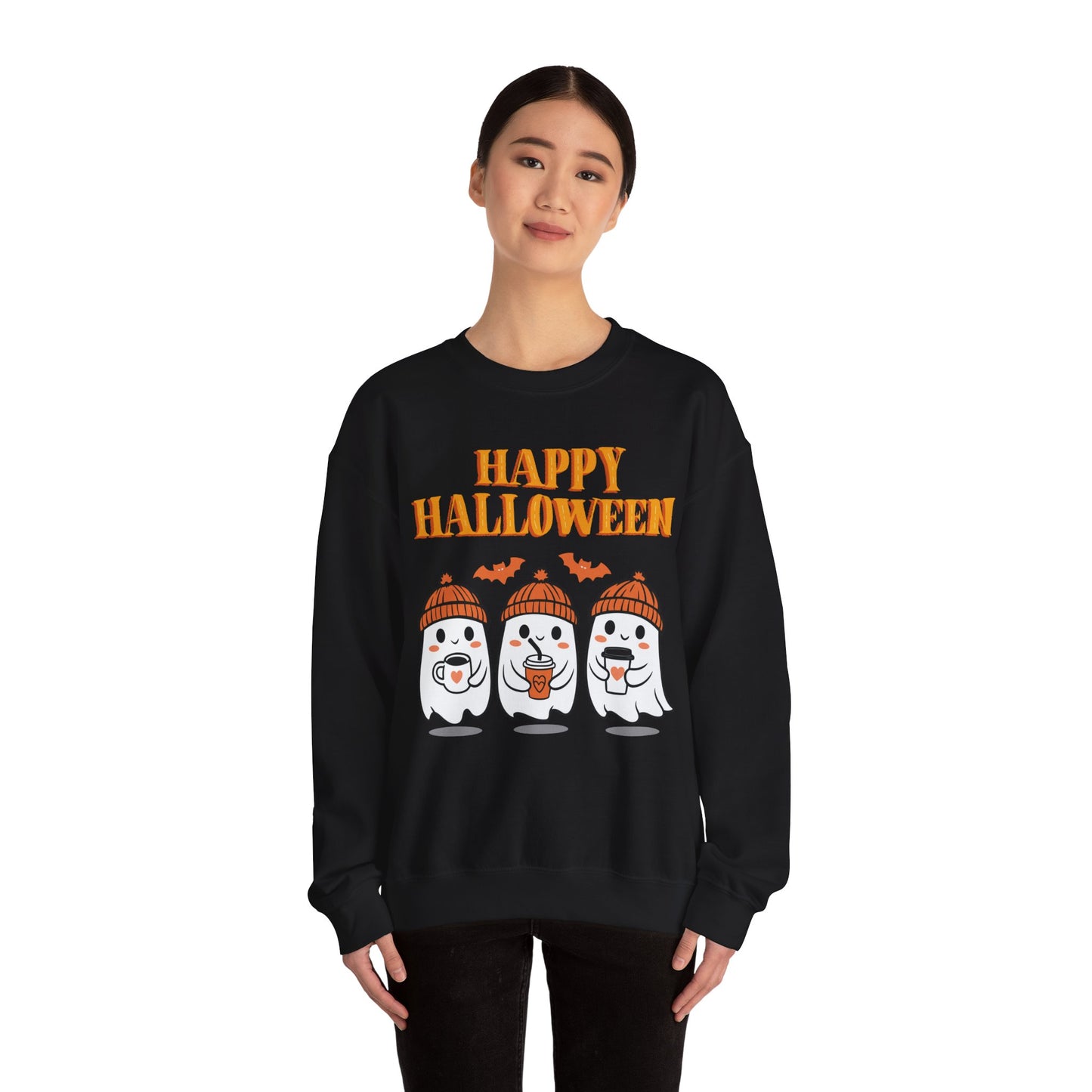 Happy Halloween Ghosts Crewneck Sweatshirt, Cozy Fall Apparel, Unisex Halloween Sweatshirt, Spooky Season Gift, Cute Pumpkin Design