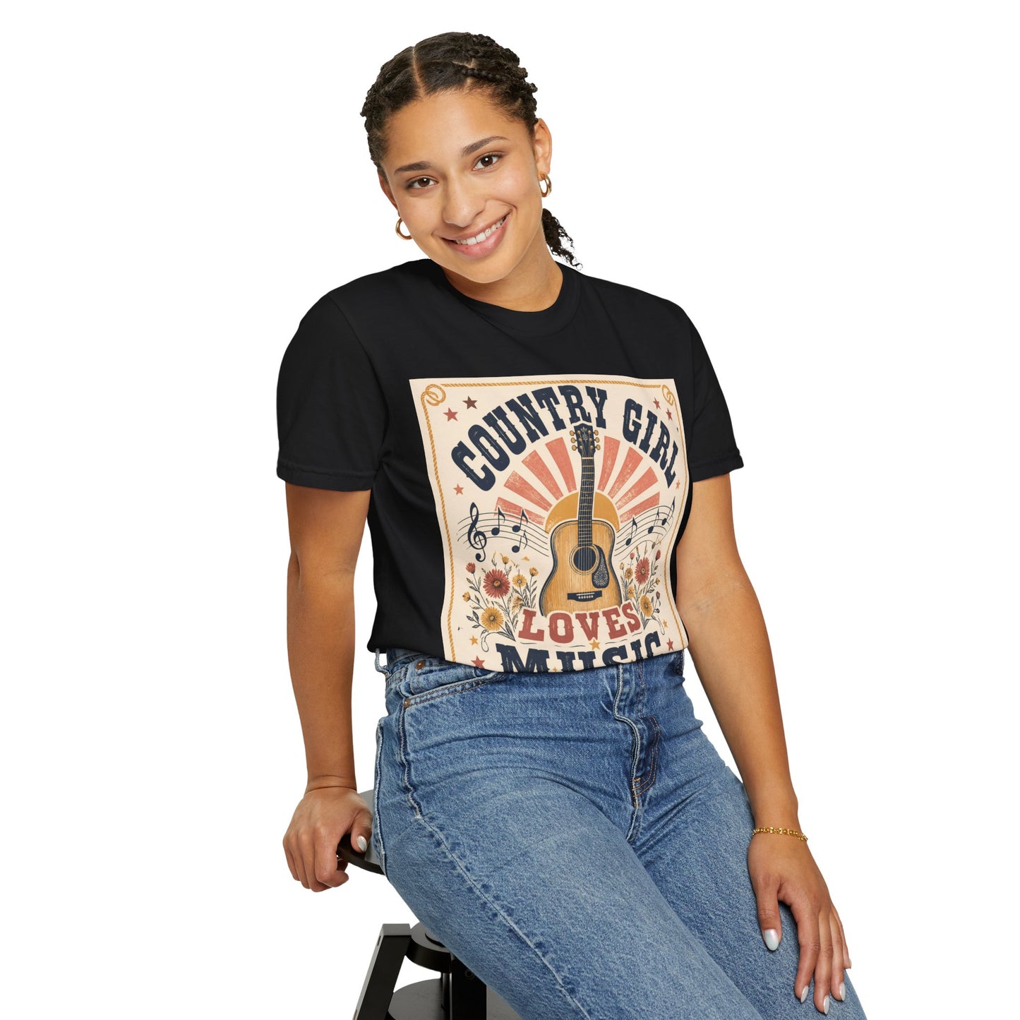 Country Girl Loves Music T-shirt | Acoustic Guitar Floral Vintage Design