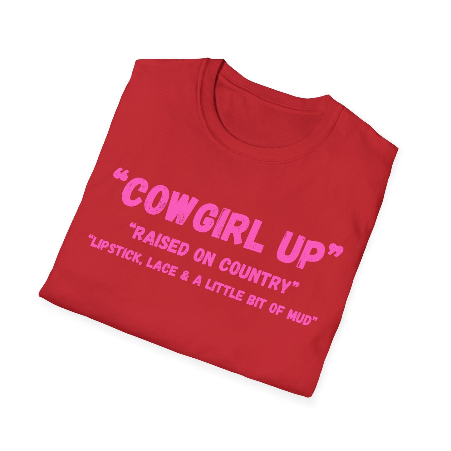 Cowgirl up graphic tee, T Shirt | Raised on Country pink text