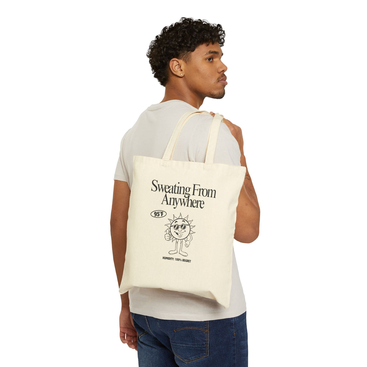 Sweating From Anywhere tote bag | Sun character illustration, 95F thermometer