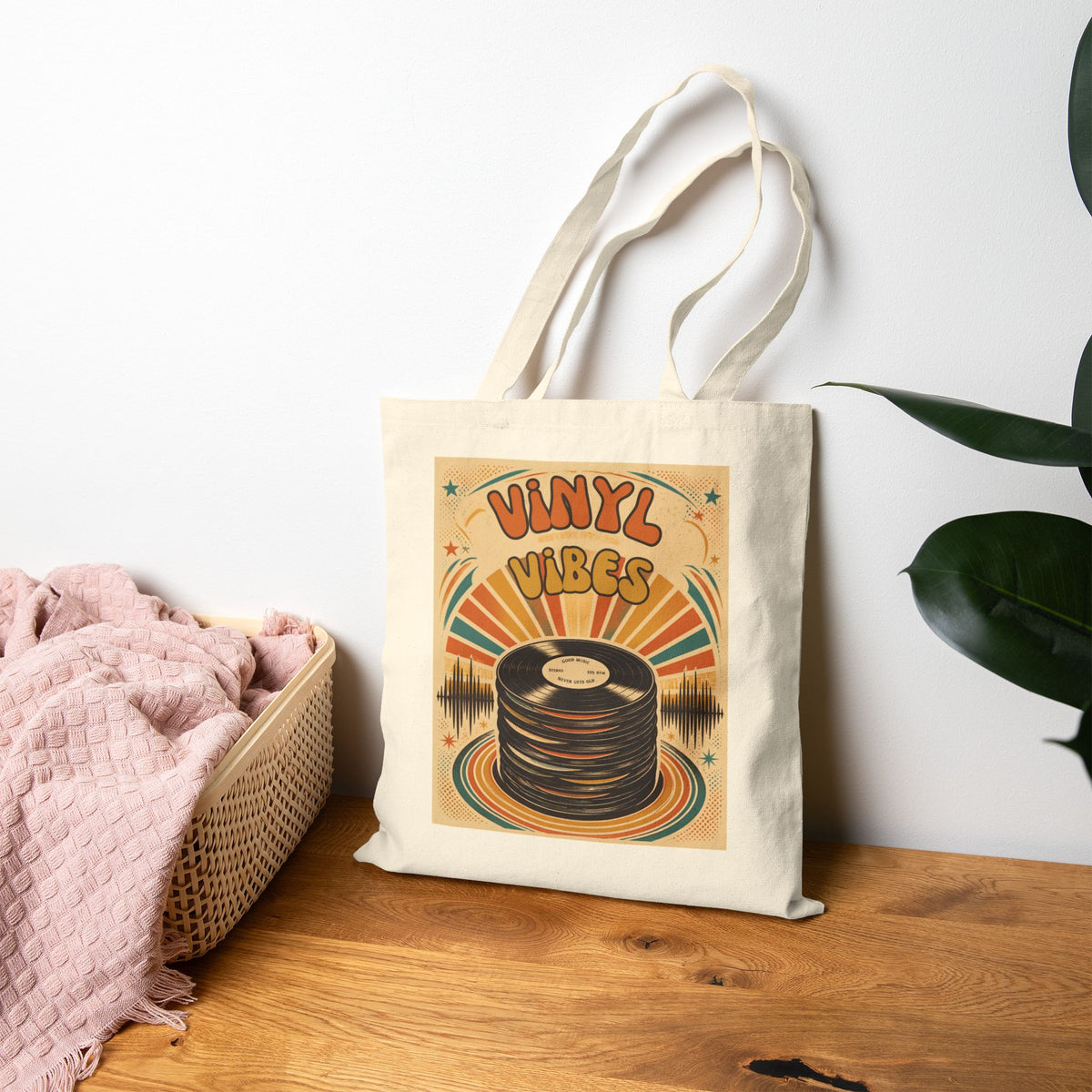 Vinyl Vibes record stack Tote Bag | Retro music graphic canvas