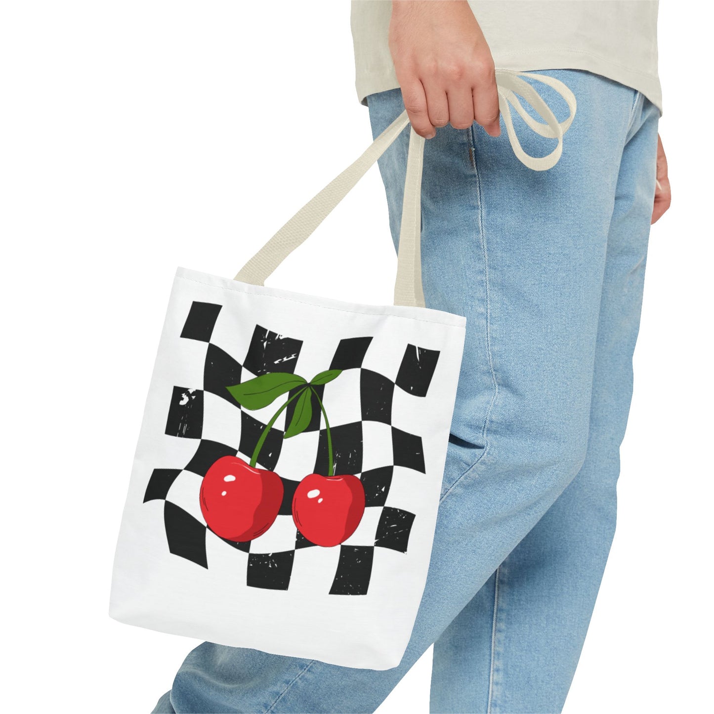 Cute Cherry Checkerboard Tote Bag, Summer Vibe Shopping Bag, Trendy Eco-Friendly Gift, Picnic Essential, Festival Accessory