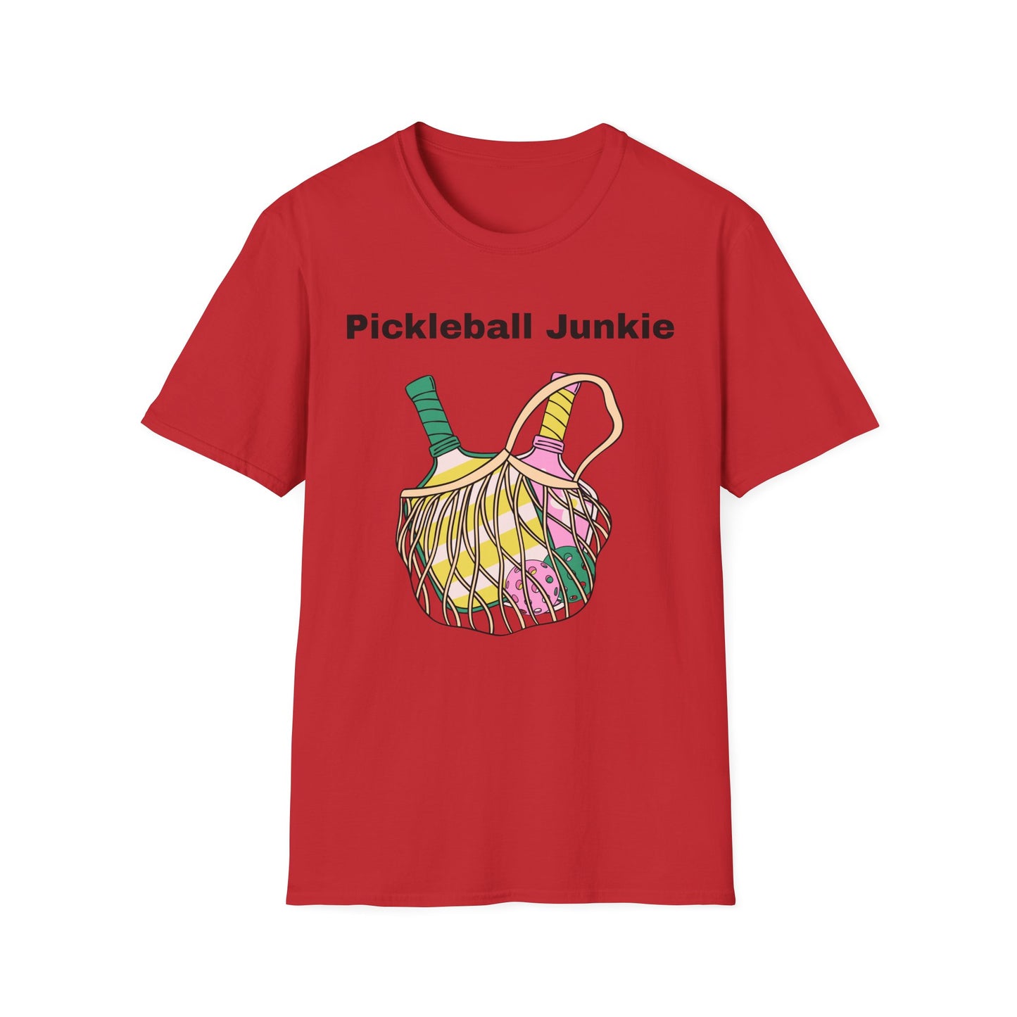 Pickleball Junkie T-Shirt | Colorful Paddle and Ball Illustration