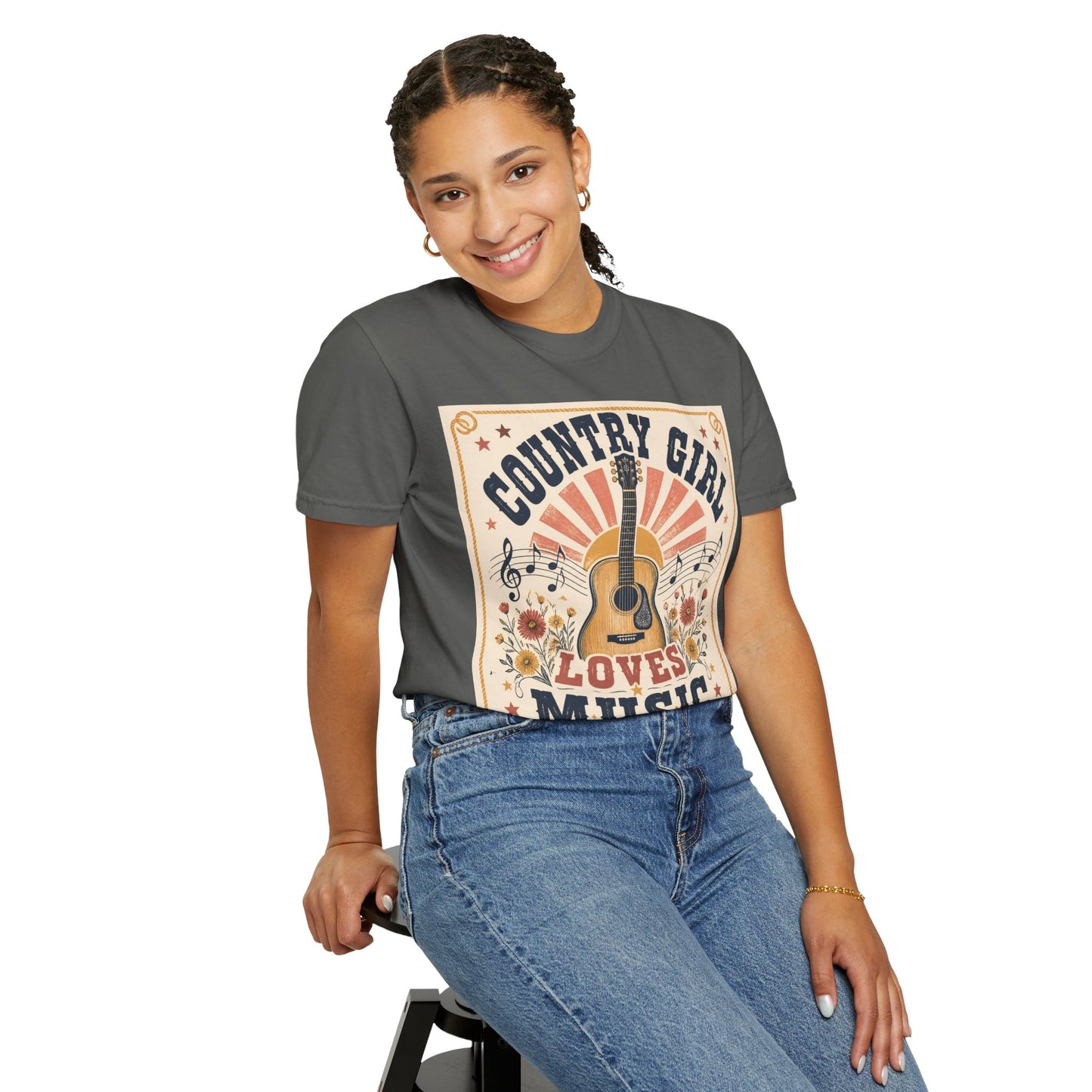 Country Girl Loves Music T-shirt | Acoustic Guitar Floral Vintage Design