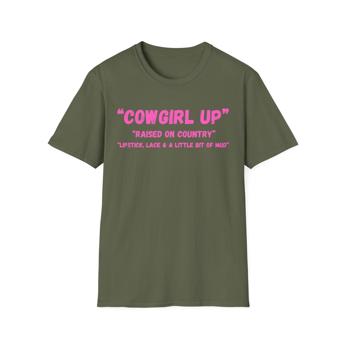 Cowgirl up graphic tee, T Shirt | Raised on Country pink text