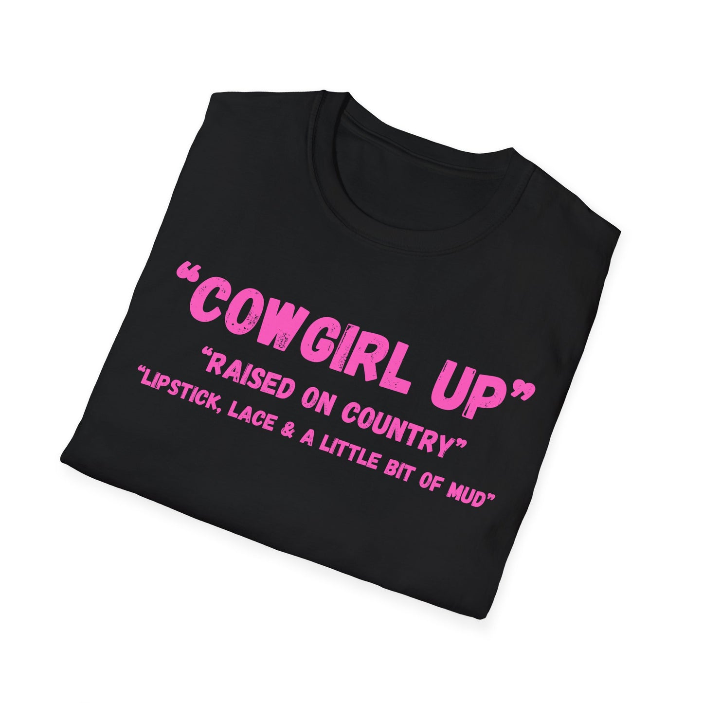 Cowgirl up graphic tee, T Shirt | Raised on Country pink text