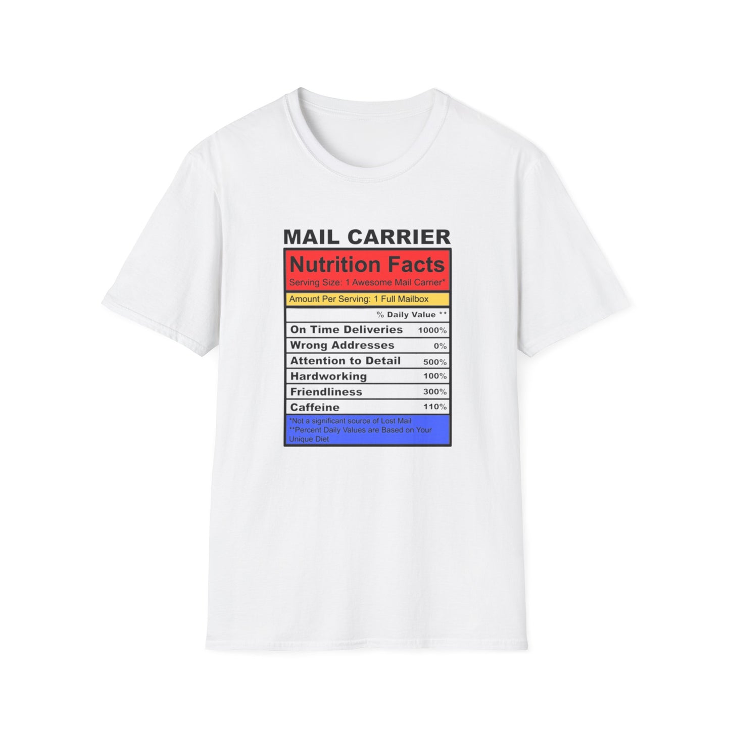 Mail Carrier Nutrition Facts Unisex Softstyle T-Shirt, Funny Gift for Postal Workers, Delivery Staff Tee, Unique Graphic Tee, Casual Wear
