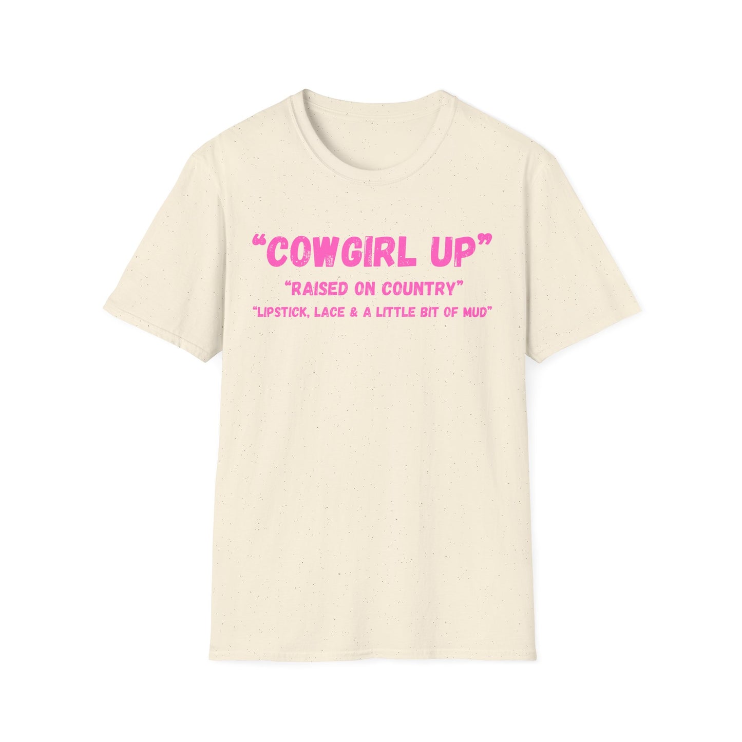 Cowgirl up graphic tee, T Shirt | Raised on Country pink text