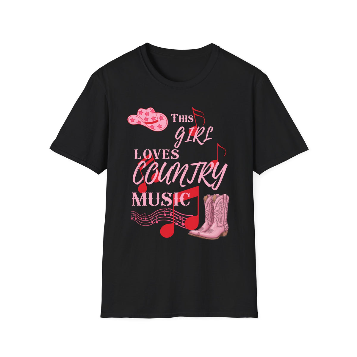 This Girl Loves Country Music T-Shirt | Pink Cowboy Hat Boots Musical Notes