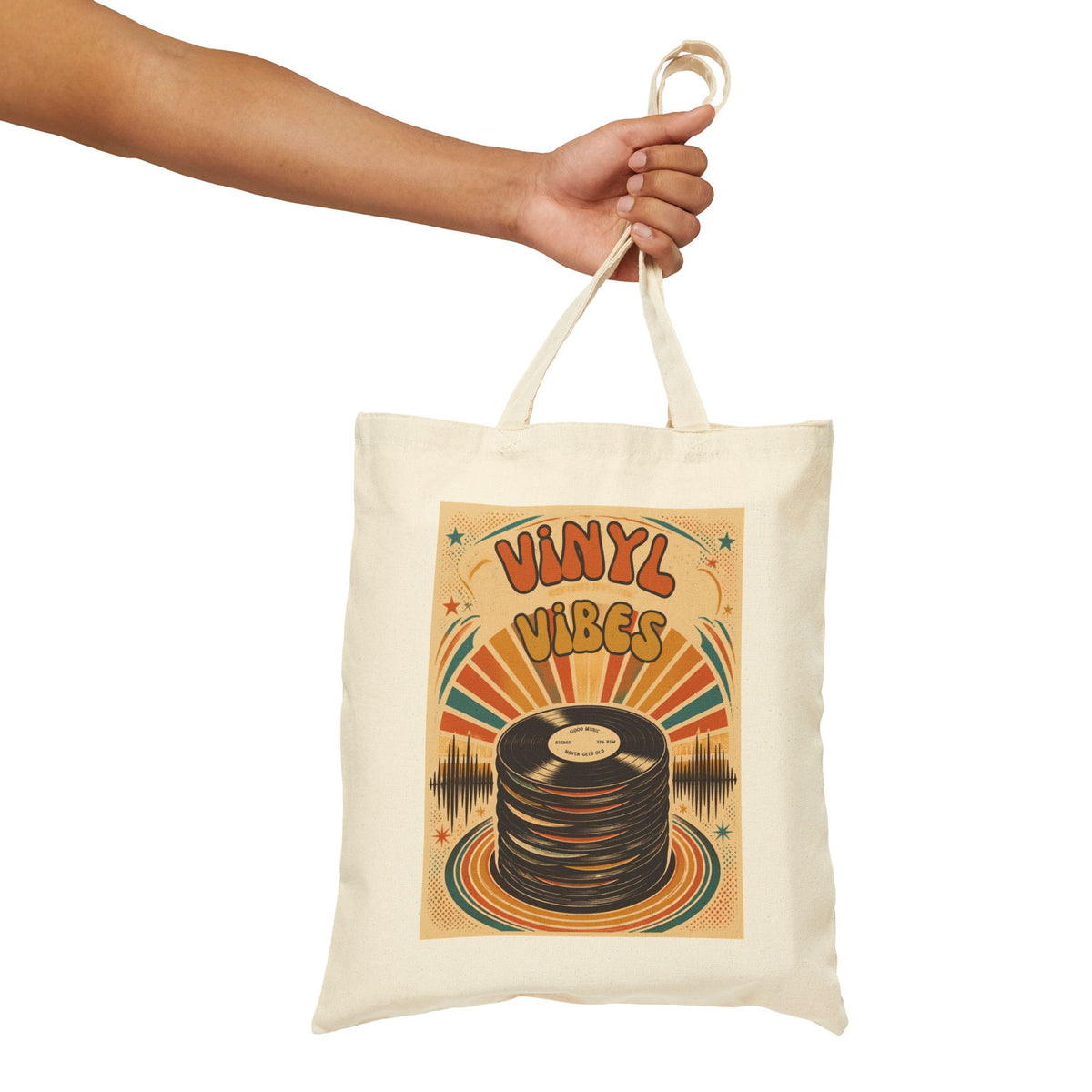 Vinyl Vibes record stack Tote Bag | Retro music graphic canvas