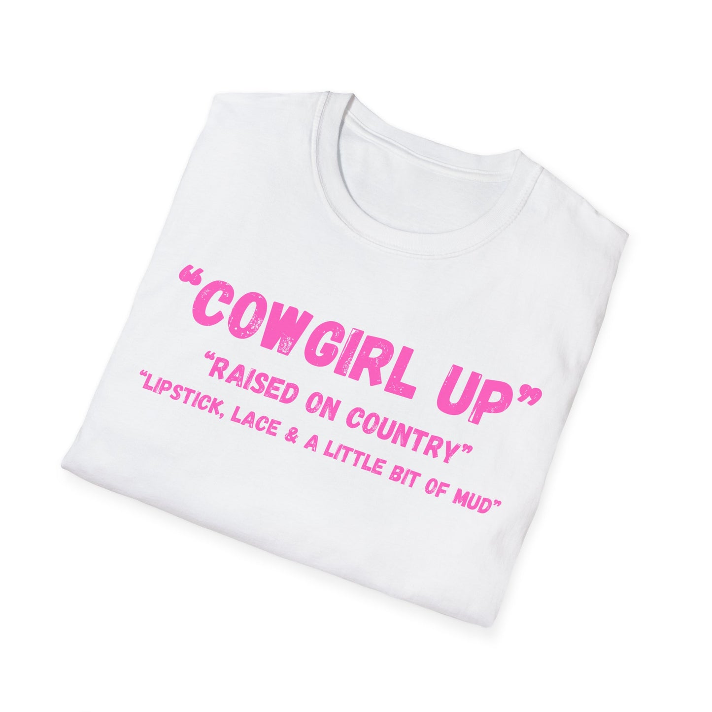 Cowgirl up graphic tee, T Shirt | Raised on Country pink text