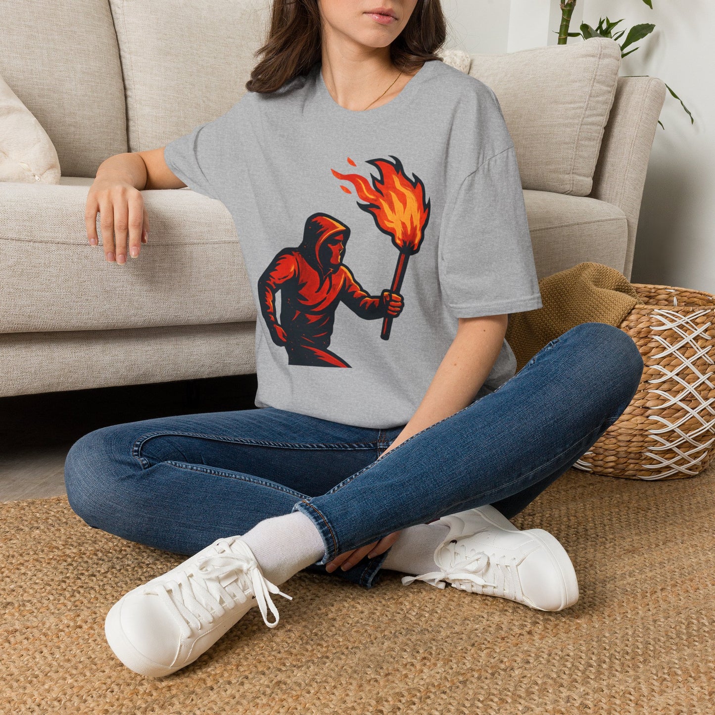 Hooded Figure with Torch T-Shirt | Flame Riot Graphic Tee