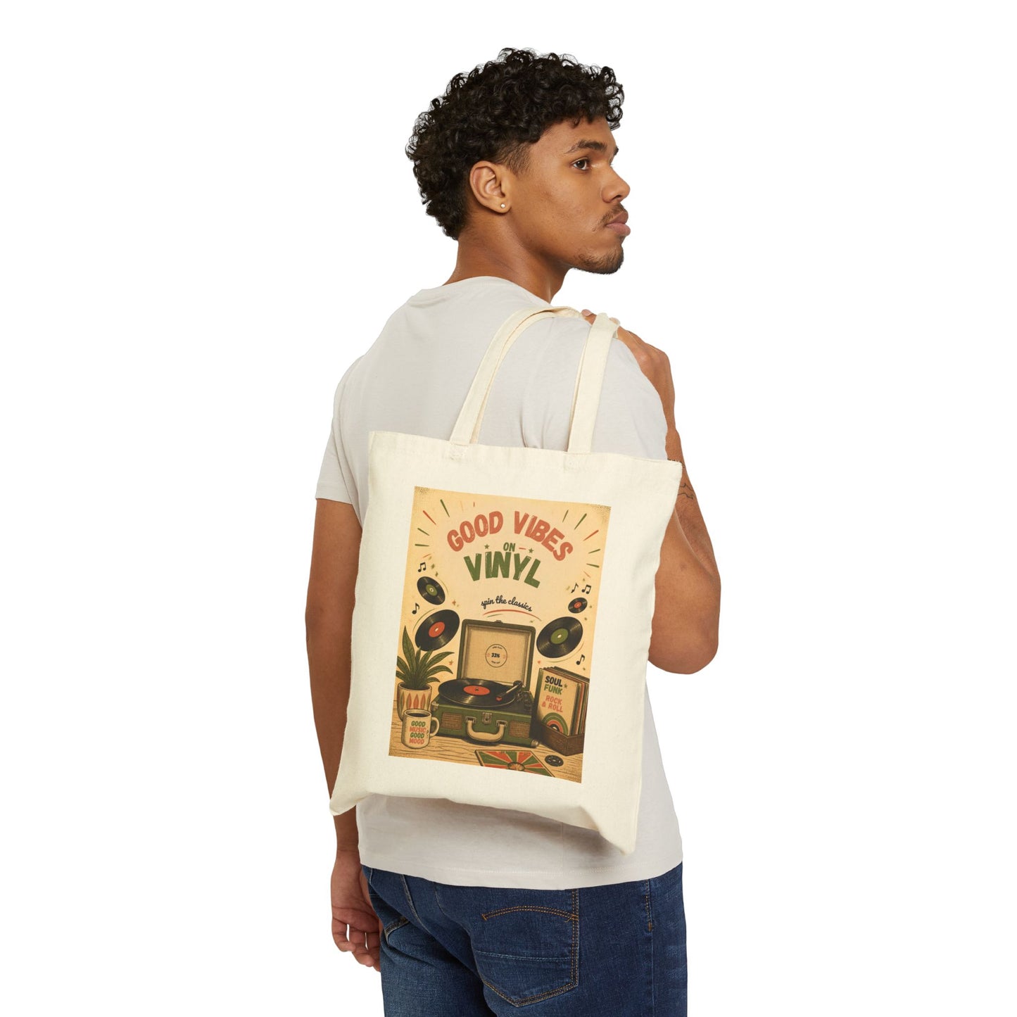 Good Vibes Vinyl Record Player Tote Bag | Retro Music Illustration