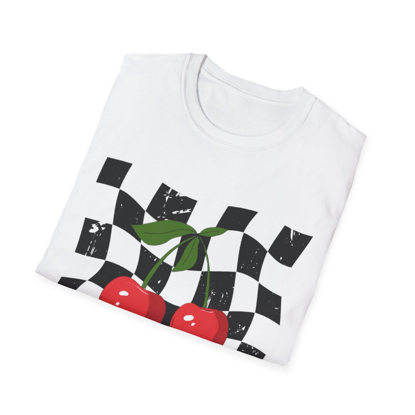 Cherry Checkered Graphic T-Shirt, Vintage Style Tee, Unisex Casual Apparel, Gifts for Car Lovers, Summer Streetwear