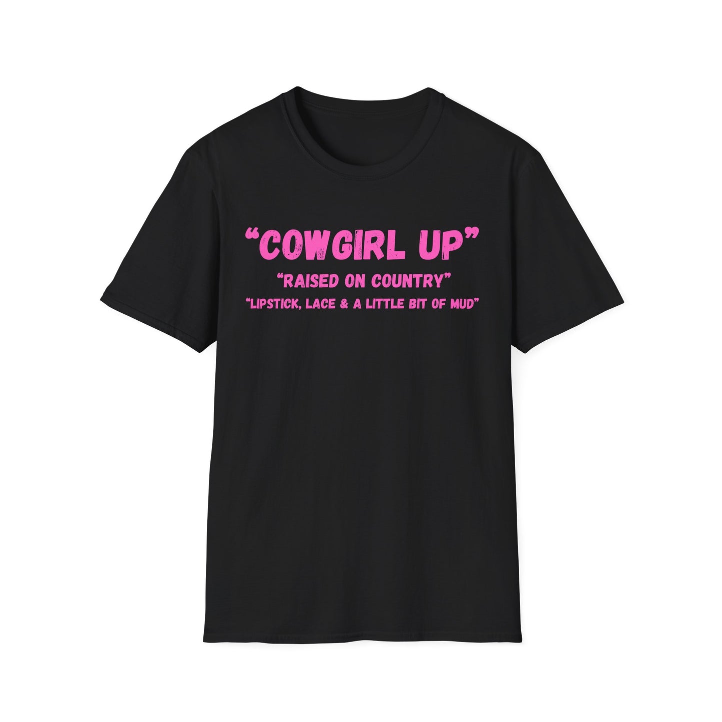 Cowgirl up graphic tee, T Shirt | Raised on Country pink text