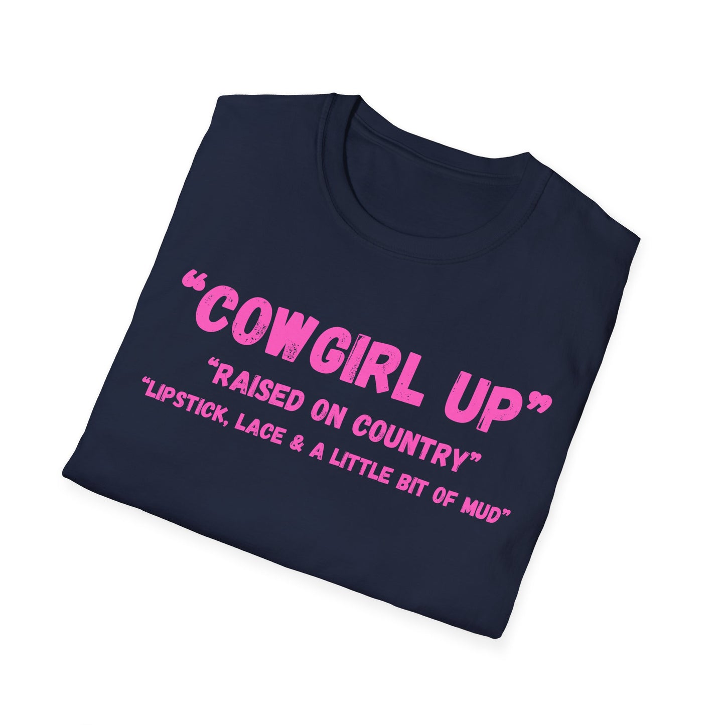 Cowgirl up graphic tee, T Shirt | Raised on Country pink text
