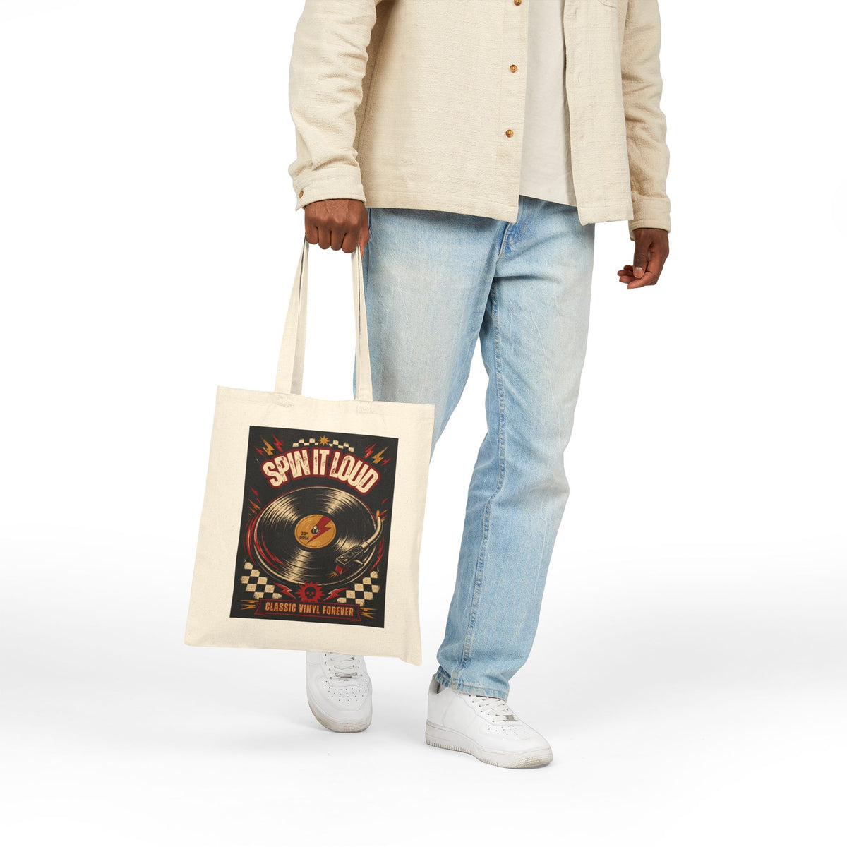 Spin It Loud vinyl record tote bag | Retro music poster design