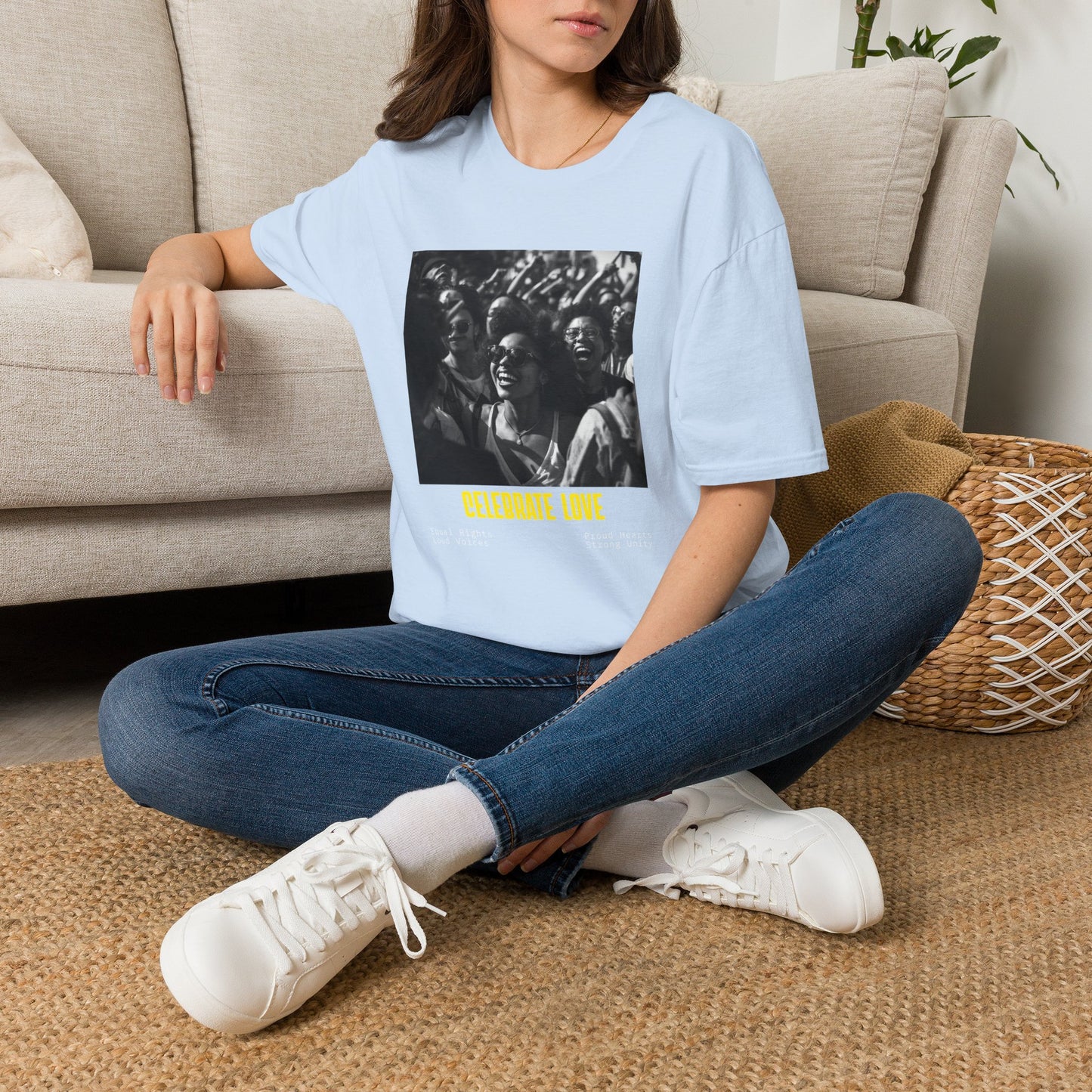 Celebrate Love T-Shirt | Black and White Crowd Photo, Yellow Text