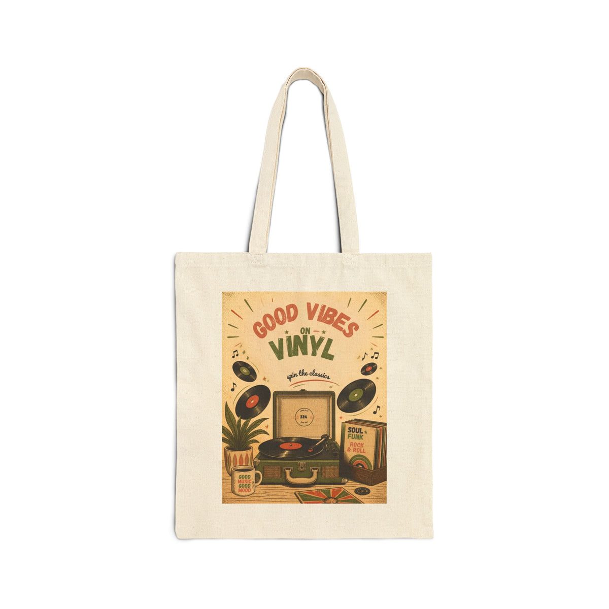 Good Vibes Vinyl Record Player Tote Bag | Retro Music Illustration