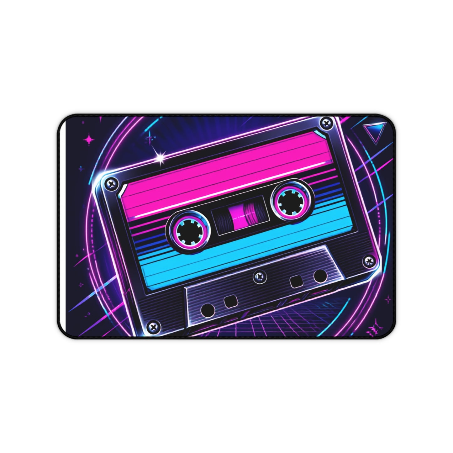 Retro Neon Cassette Tape Desk Mat | 80s Vaporwave Mouse Pad