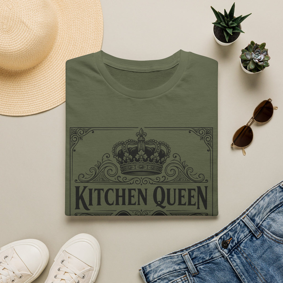 Kitchen Queen T-Shirt | Crown, Spatula, Vintage Scroll Design