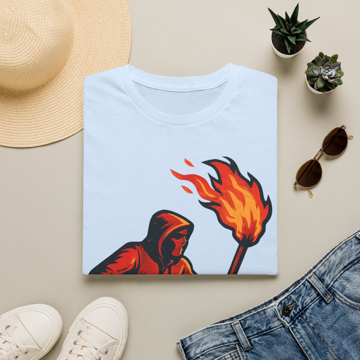 Hooded Figure with Torch T-Shirt | Flame Riot Graphic Tee