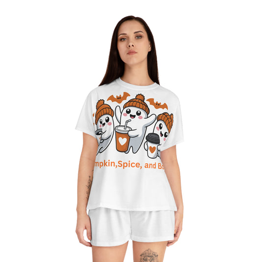 Halloween Ghost Pajama Set, Cute Short PJs, Cozy Sleepwear, Pumpkin Spice Pajamas, Ghost Print Loungewear, Women Fall Sleep Set