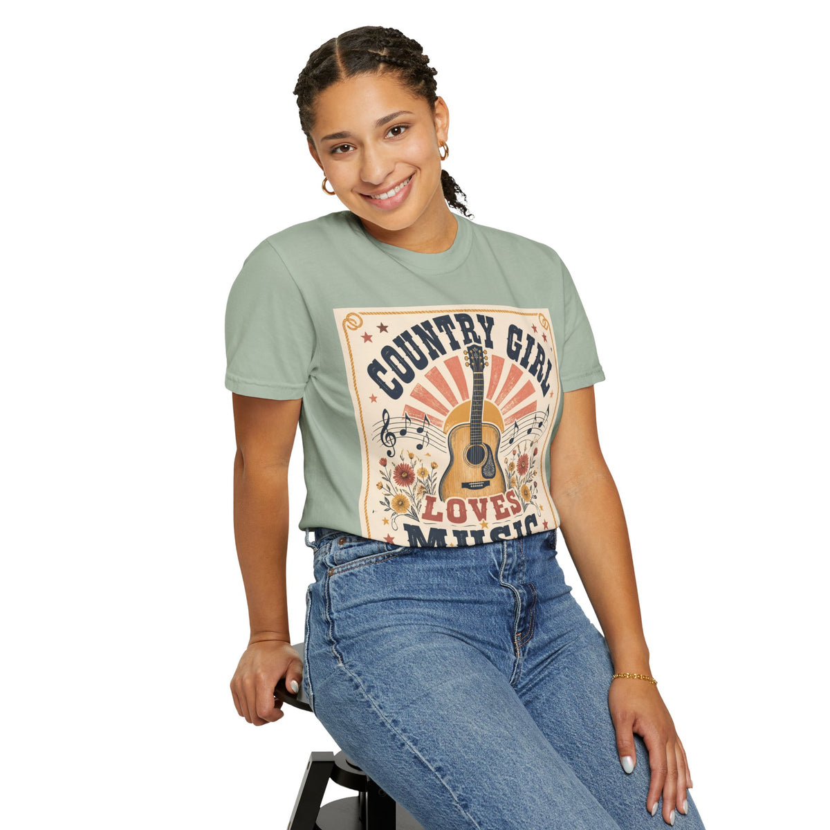 Country Girl Loves Music T-shirt | Acoustic Guitar Floral Vintage Design