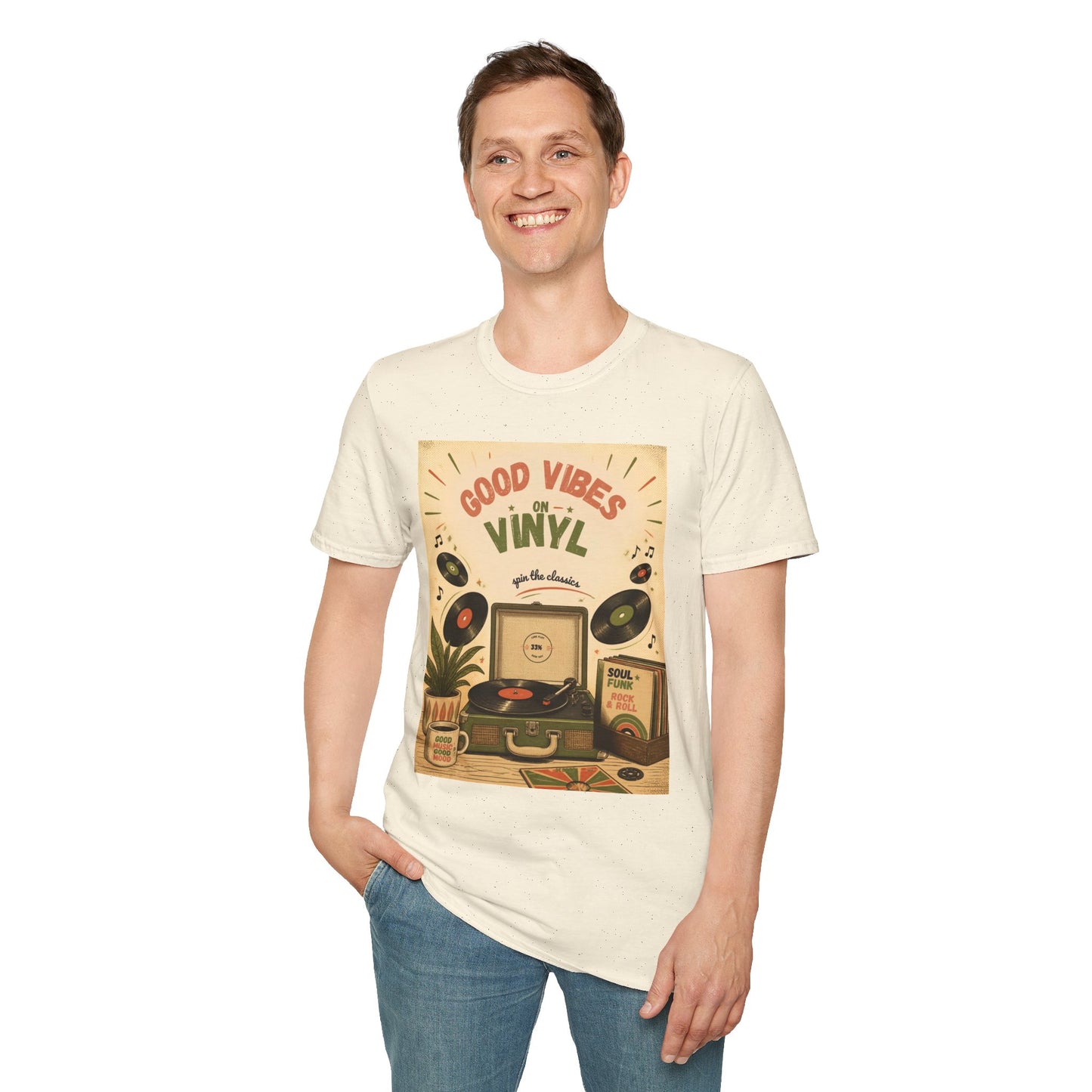 Good Vibes on Vinyl T-Shirt | Retro Record Player Design