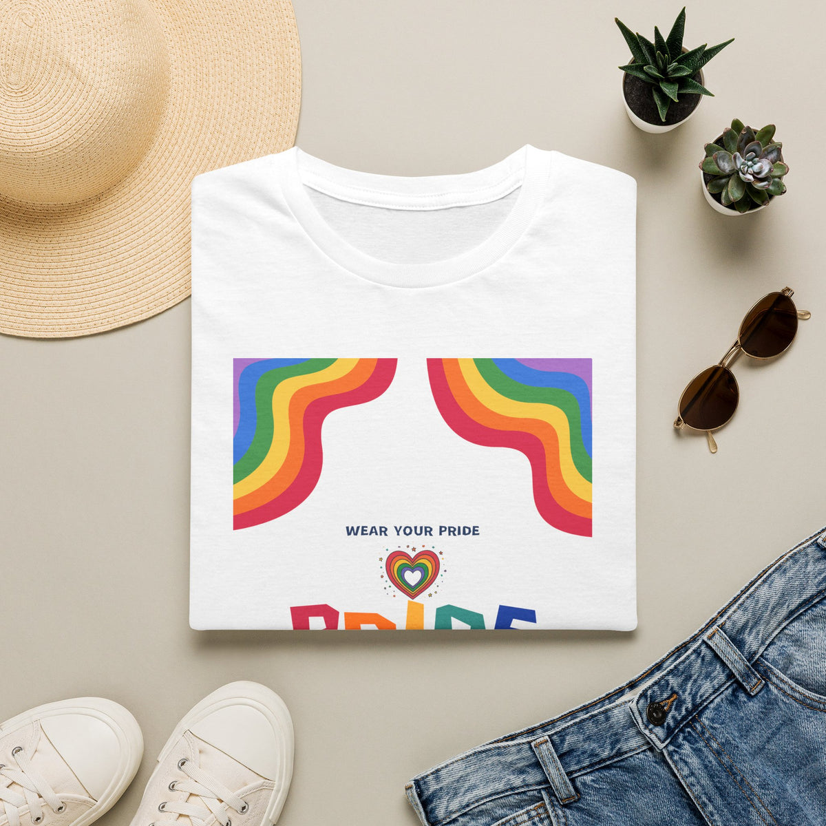 Rainbow Pride heart graphic T-Shirt | Wear Your Pride slogan