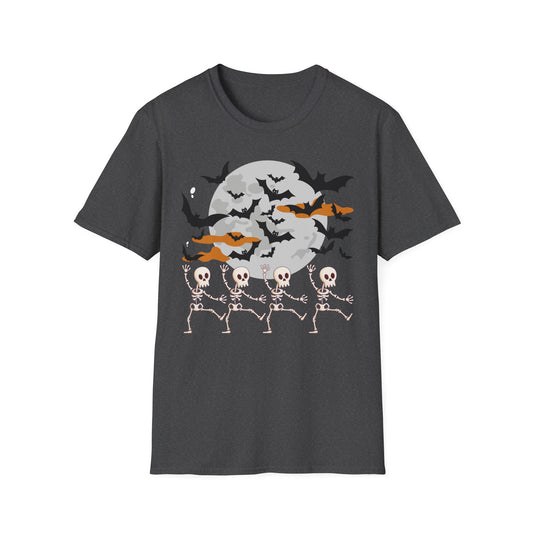Halloween Skeleton Dance T-Shirt, Unisex Tee for Halloween Parties, Spooky Season Shirt, Cute Skeleton Design, Fun Graphic Tee