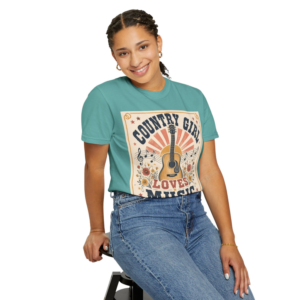 Country Girl Loves Music T-shirt | Acoustic Guitar Floral Vintage Design