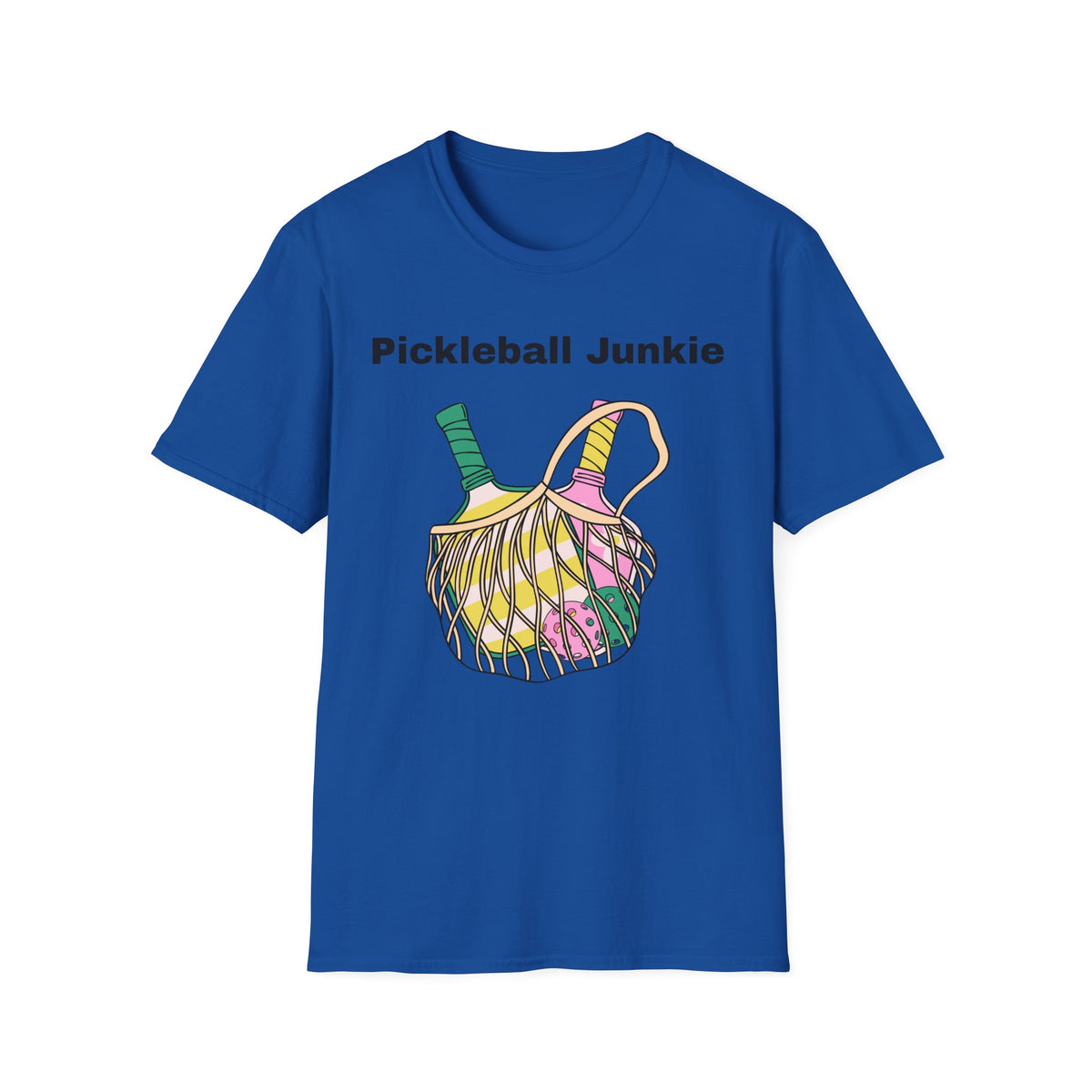 Pickleball Junkie T-Shirt | Colorful Paddle and Ball Illustration