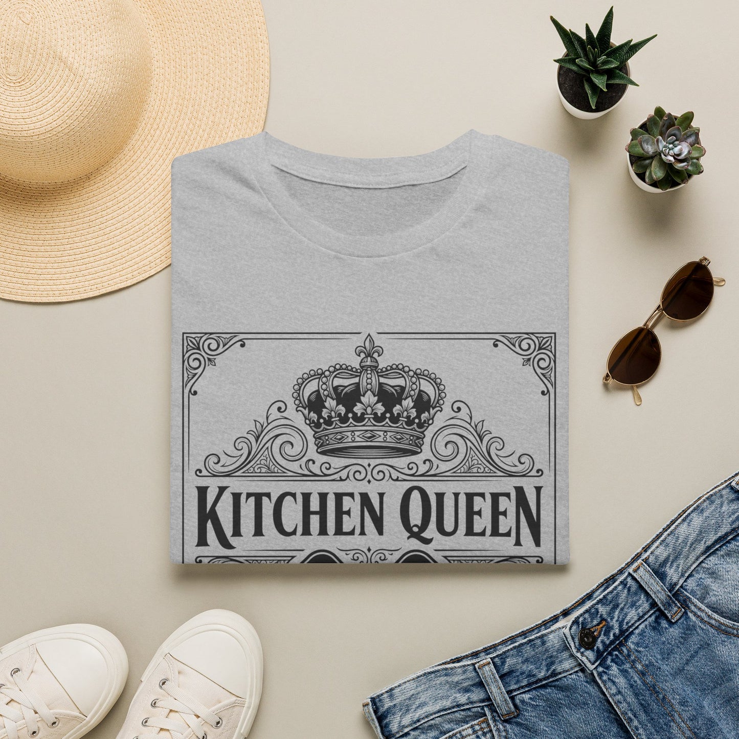 Kitchen Queen T-Shirt | Crown, Spatula, Vintage Scroll Design