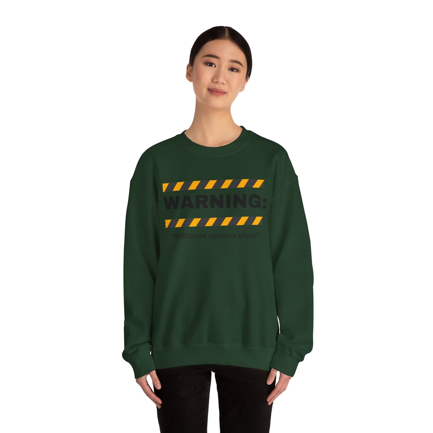WARNING: 'Unfiltered opinions ahead' Crewneck Sweatshirt | Caution Tape Graphic