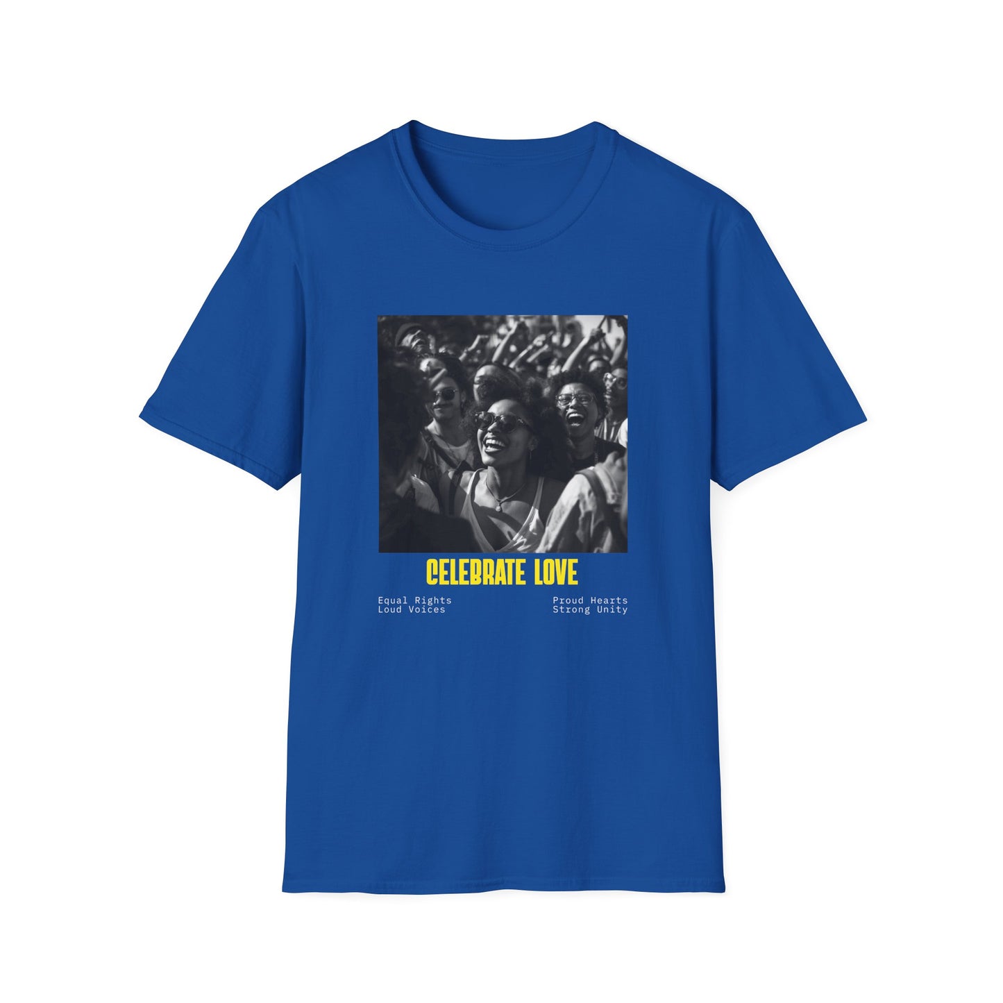 Celebrate Love T-Shirt | Black and White Crowd Photo, Yellow Text