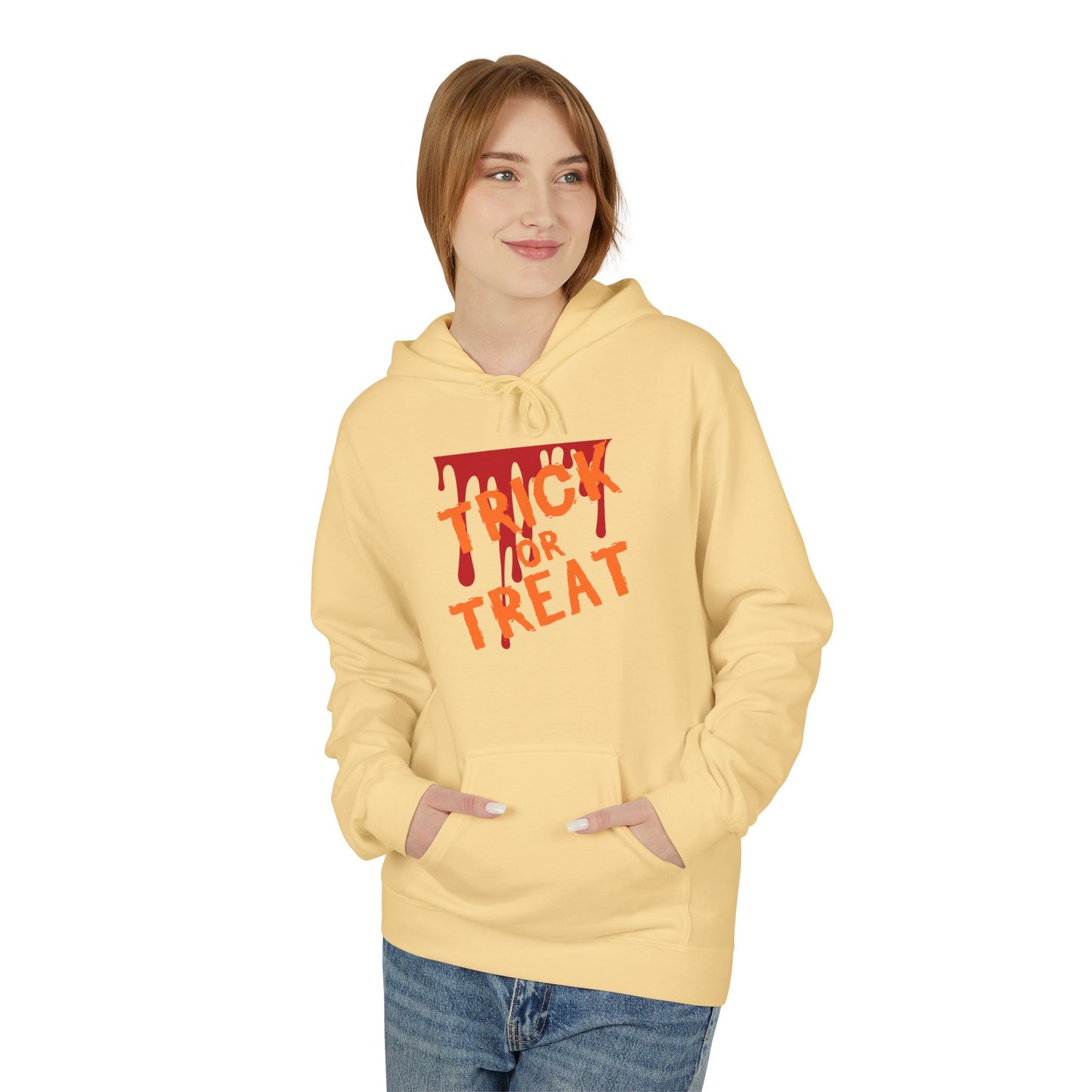 Trick or Treat Fleece Hoodie, Halloween Hoodie, Unisex Pullover, Cozy Fall Layer, Spooky Sweatshirt, Festival Apparel