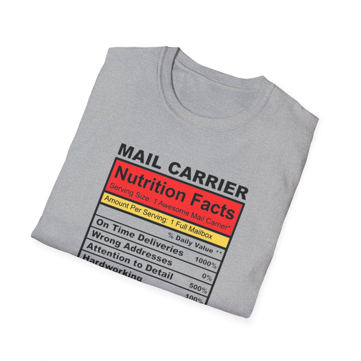 Mail Carrier Nutrition Facts Unisex Softstyle T-Shirt, Funny Gift for Postal Workers, Delivery Staff Tee, Unique Graphic Tee, Casual Wear
