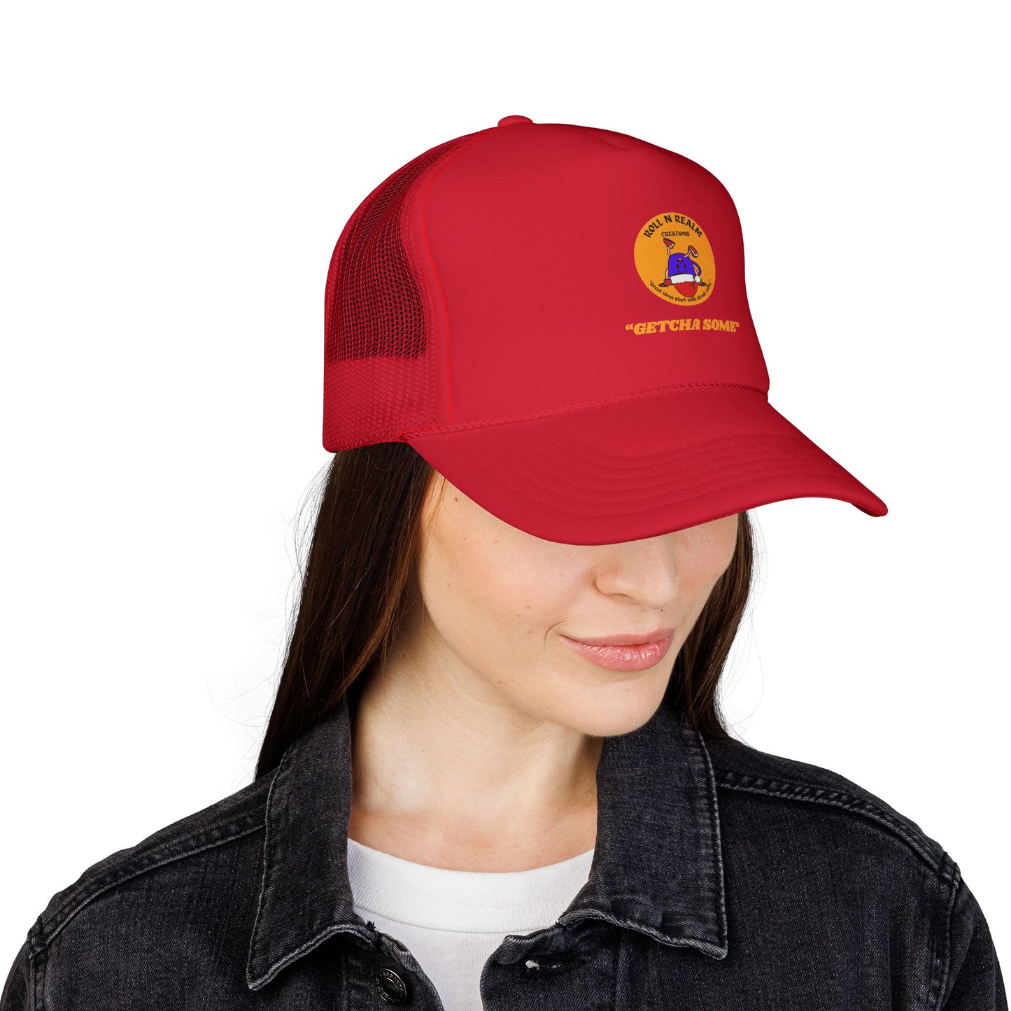 Roll R Rean's Ranch logo Trucker Cap | Red Mesh Trucker Hat