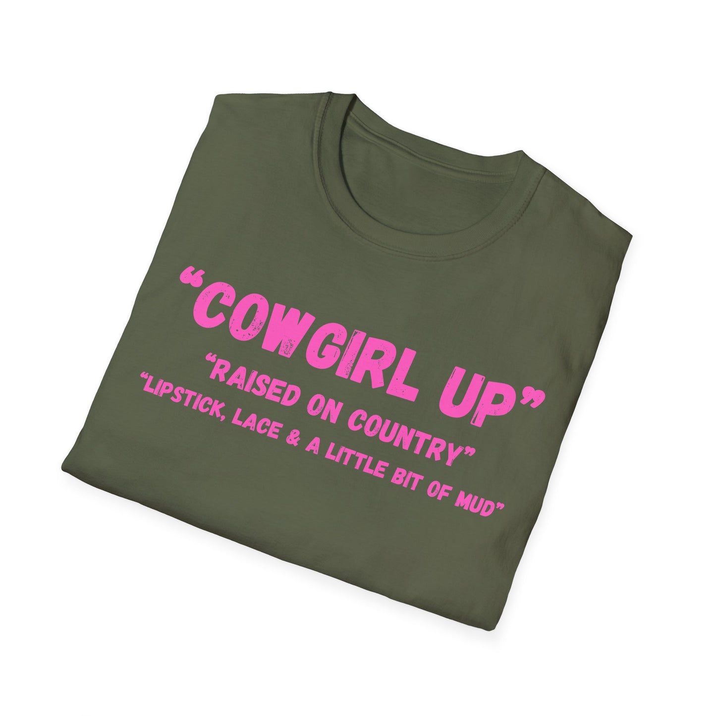 Cowgirl up graphic tee, T Shirt | Raised on Country pink text
