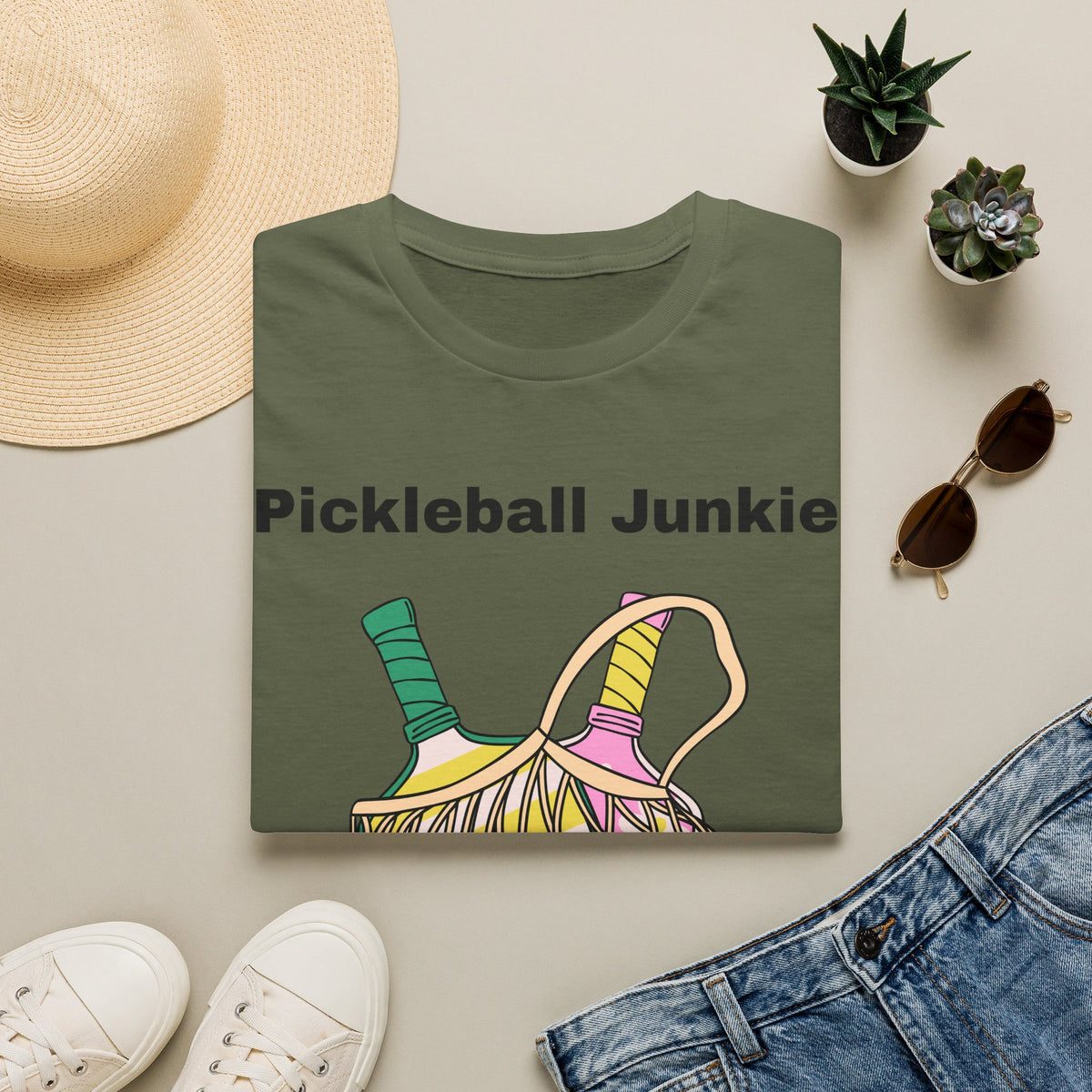 Pickleball Junkie T-Shirt | Colorful Paddle and Ball Illustration