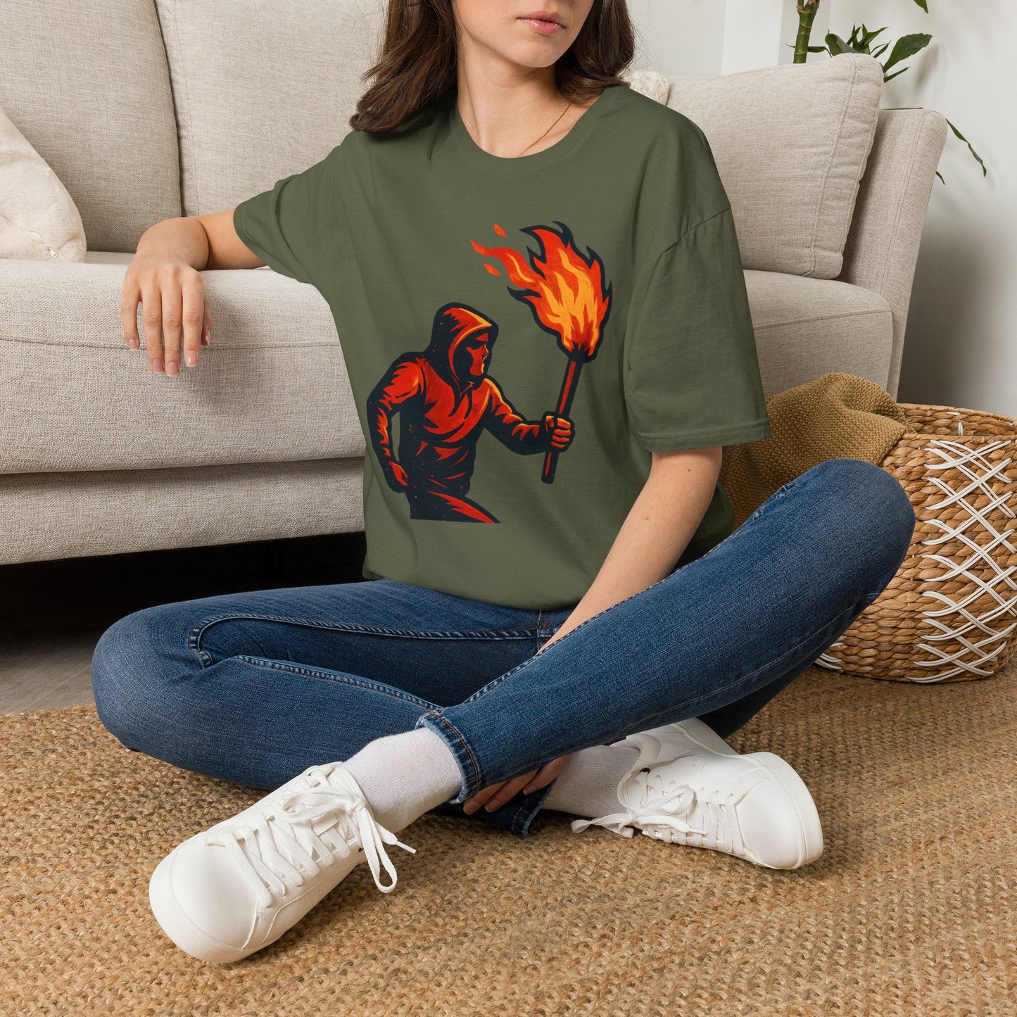 Hooded Figure with Torch T-Shirt | Flame Riot Graphic Tee
