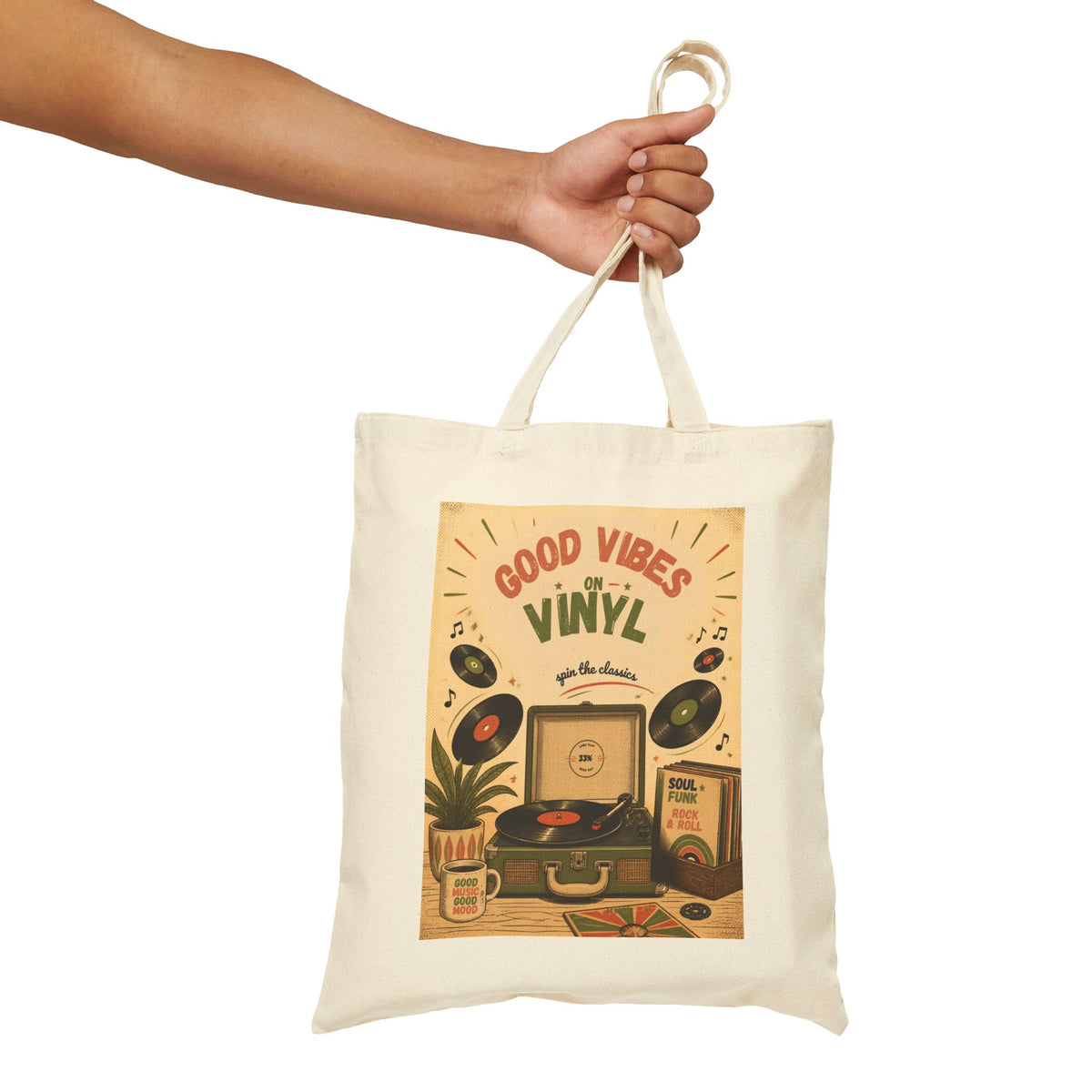 Good Vibes Vinyl Record Player Tote Bag | Retro Music Illustration