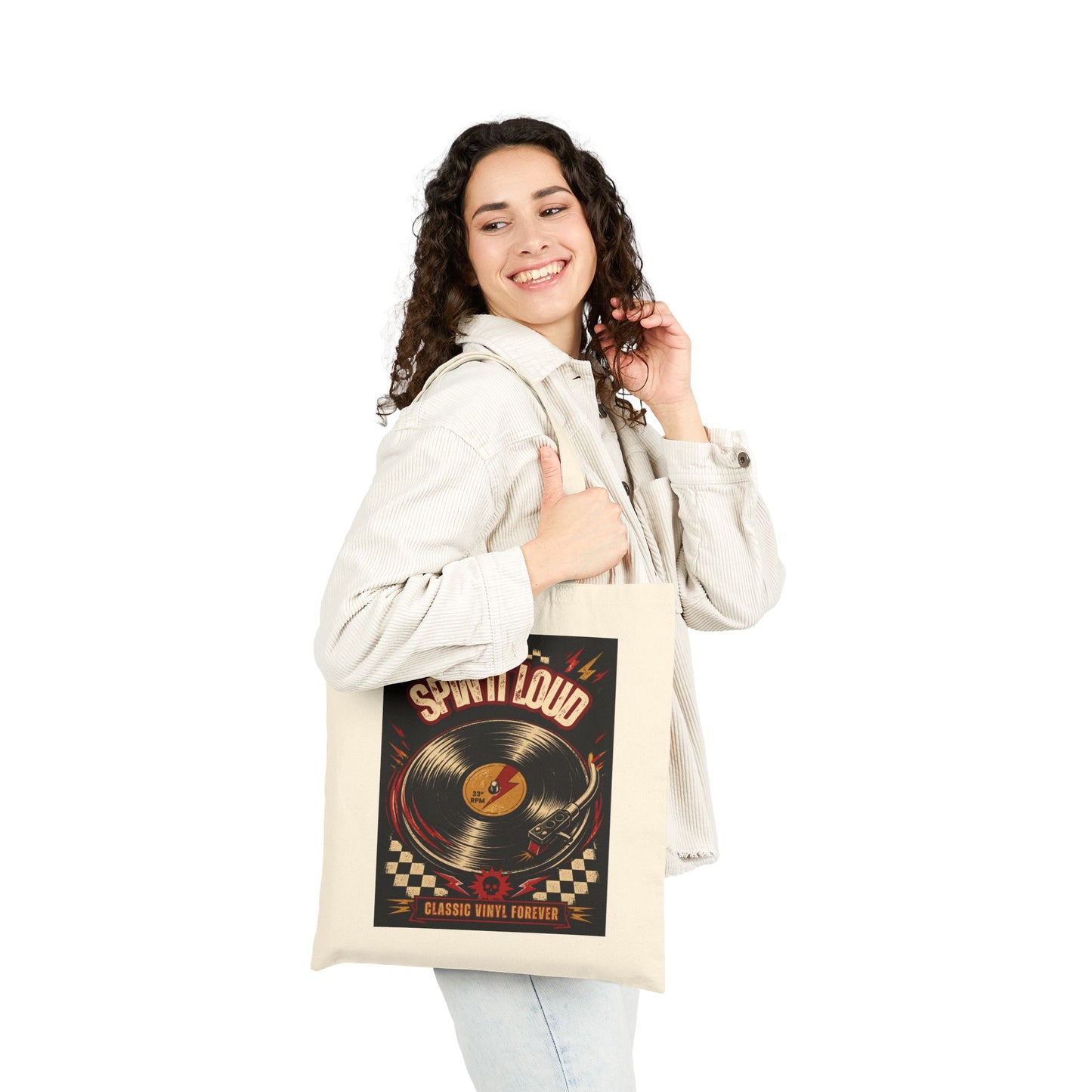 Spin It Loud vinyl record tote bag | Retro music poster design